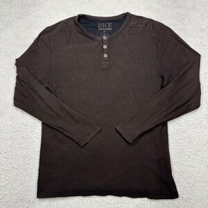 BKE Slim Fit Henley Long Sleeve Shirt Woven Stretch Buckle Brown Men's Size L